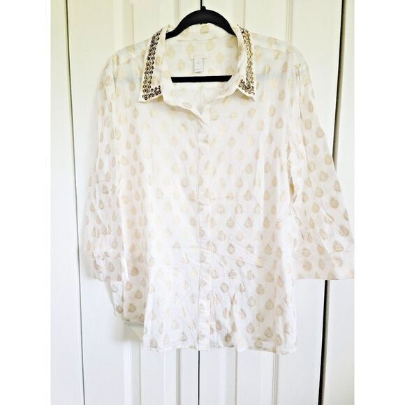 Chico's 3‎ Cotton Embellished Button Down Blouse Size L White/Gold 3/4 Slv India - Picture 1 of 7